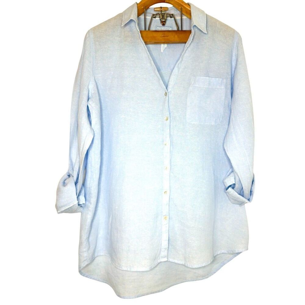 Sigrid Olsen Women 100% Linen BLouse Top Beachy Coastal  Blue Minimalist Sz: L